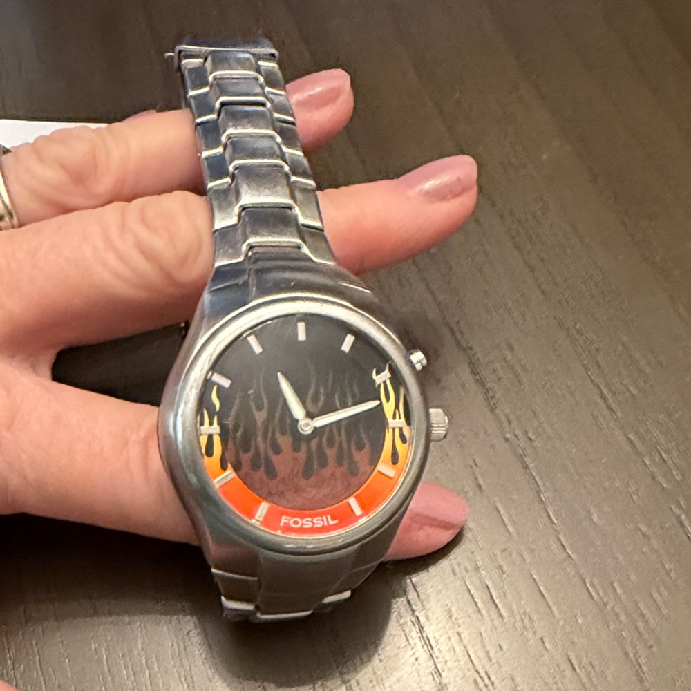 Fossil Big Tick Y2K Silver Watch with Black Dial and Orange Flame Accents